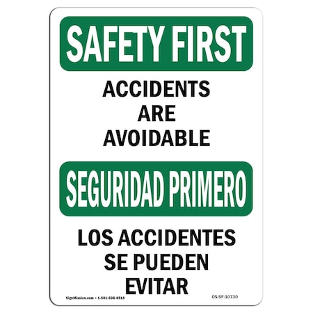Signmission OSHA Sign, Accidents Are Avoidable Bilingual, 10in X 7in Aluminum, 7" W, 10" L, Landscape OS-SF-A-710-L-10730